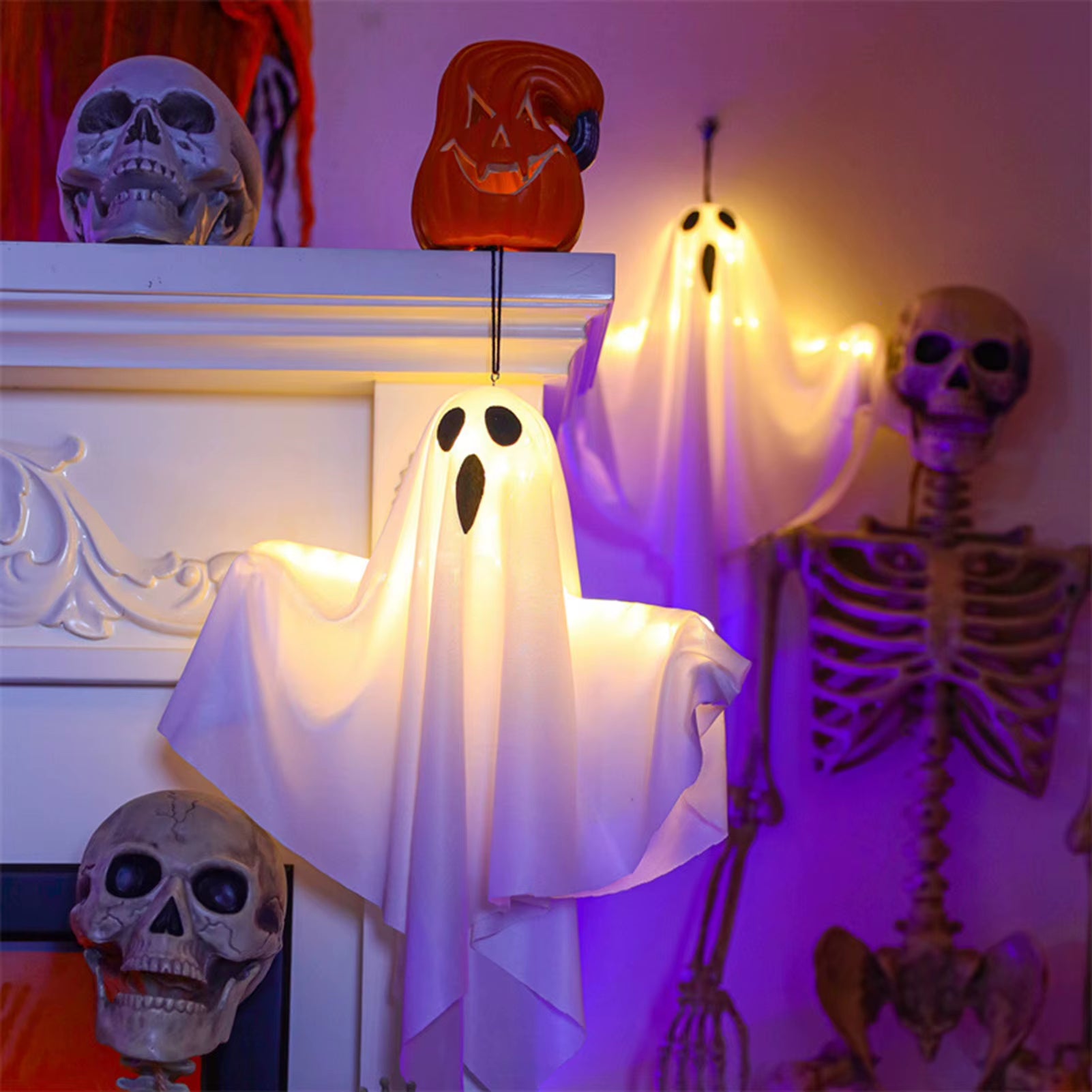Halloween LED Ghost Lights Decorations Adjustable Hanging Spooky Decor for Halloween Party Home Outdoor Decoration