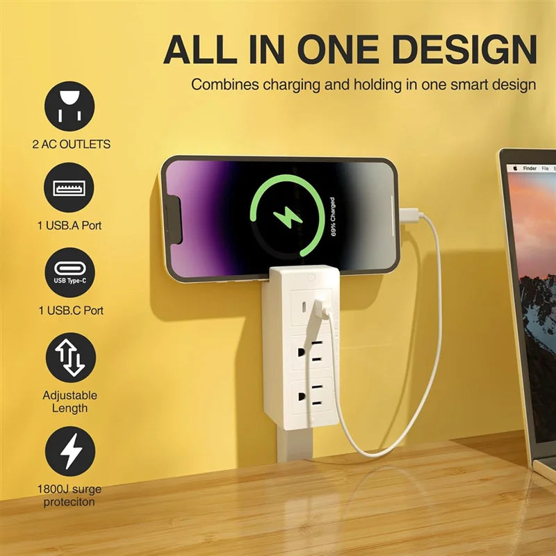 JHD 2 AC Outlet Extender Feature USB-A,USB-C- 22" for to 27" Extension, US Plug for Reachable Spaces