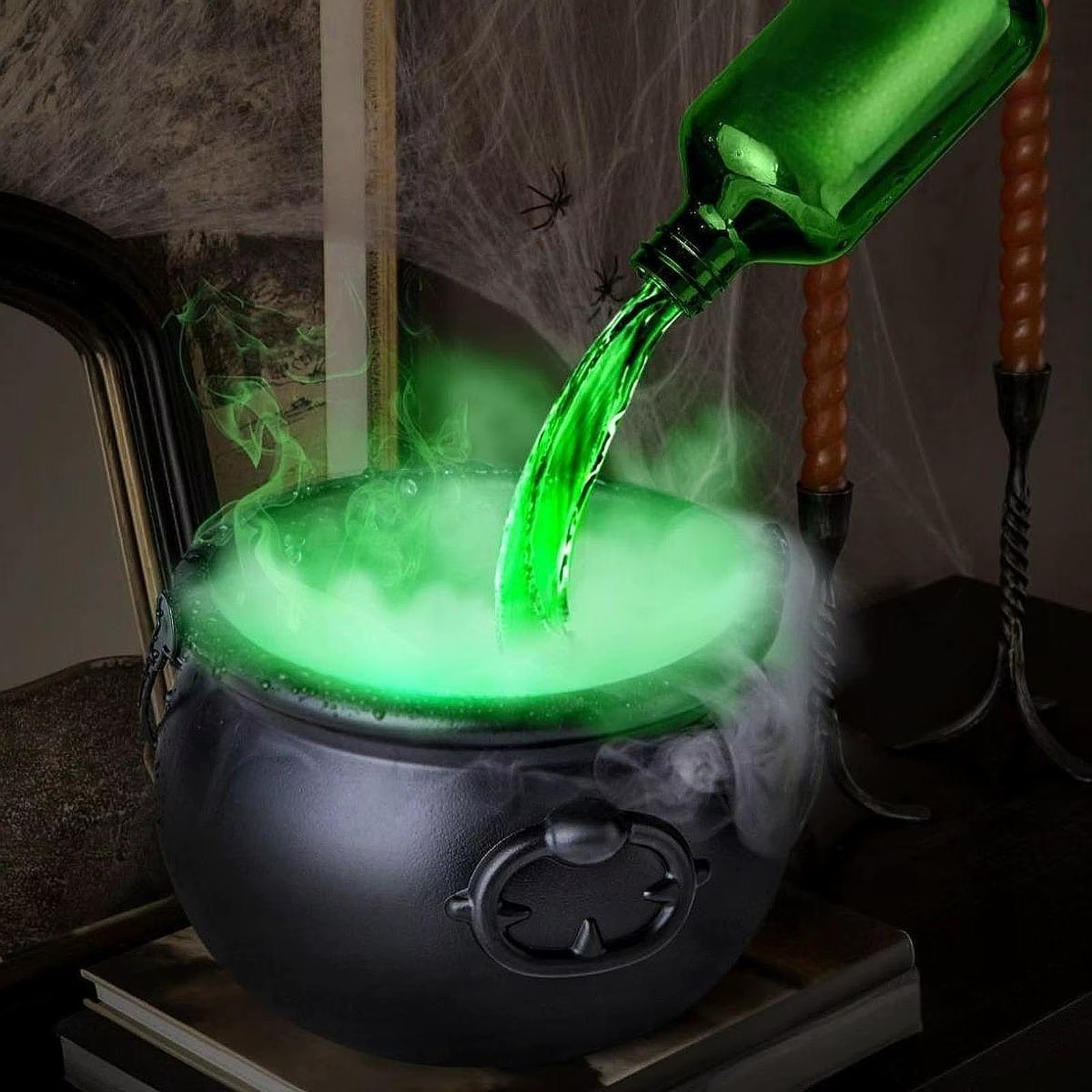 Halloween Witch Cauldron Mist Maker with Lights Indoor Floating Bottle Mist Maker Spooky Horror Holiday Haunted House Pot Prop