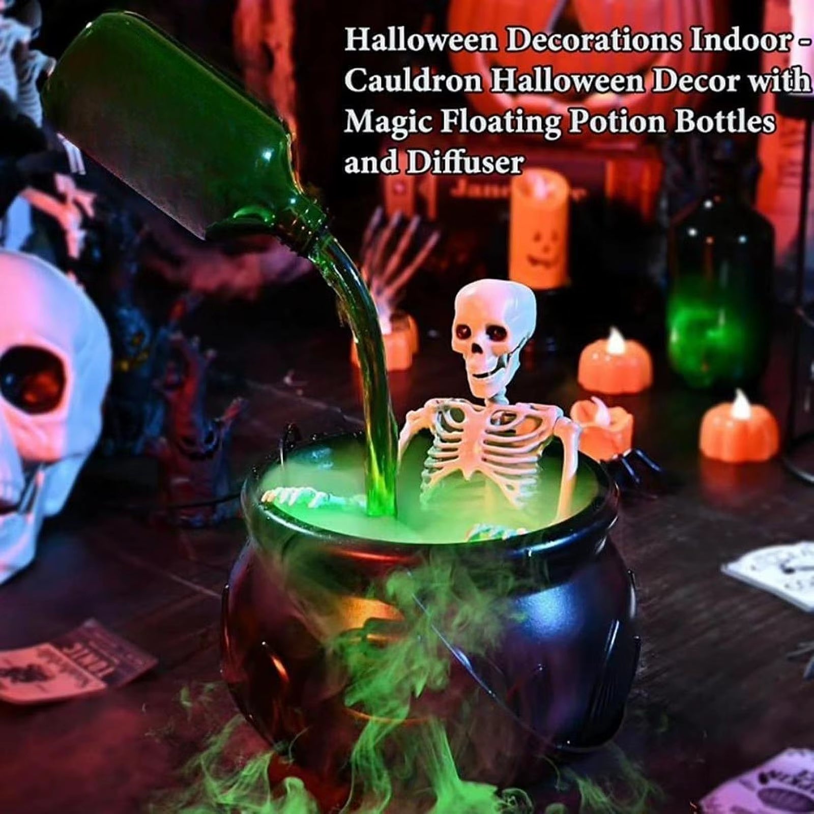 Halloween Witch Cauldron Mist Maker with Lights Indoor Floating Bottle Mist Maker Spooky Horror Holiday Haunted House Pot Prop
